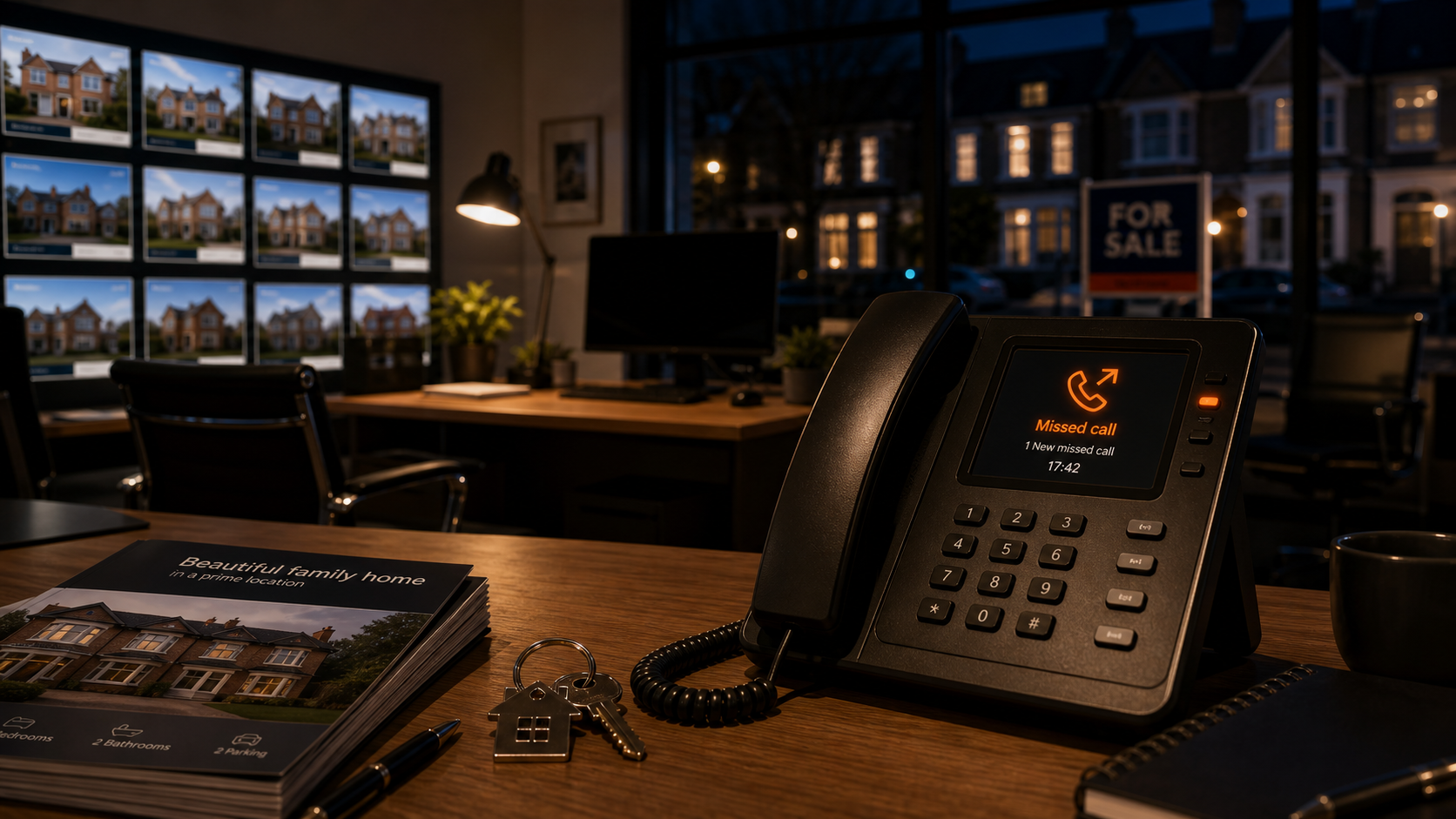 Estate agency desk showing a missed call recovery workflow