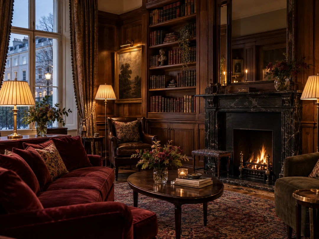 Illustrative Kensington-style lounge with burgundy velvet and walnut panelling; not a photograph of The Gore