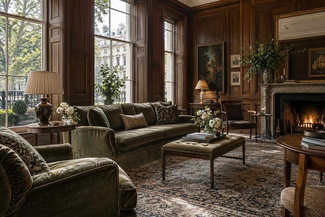 Illustrative London drawing room with olive velvet seating and afternoon light