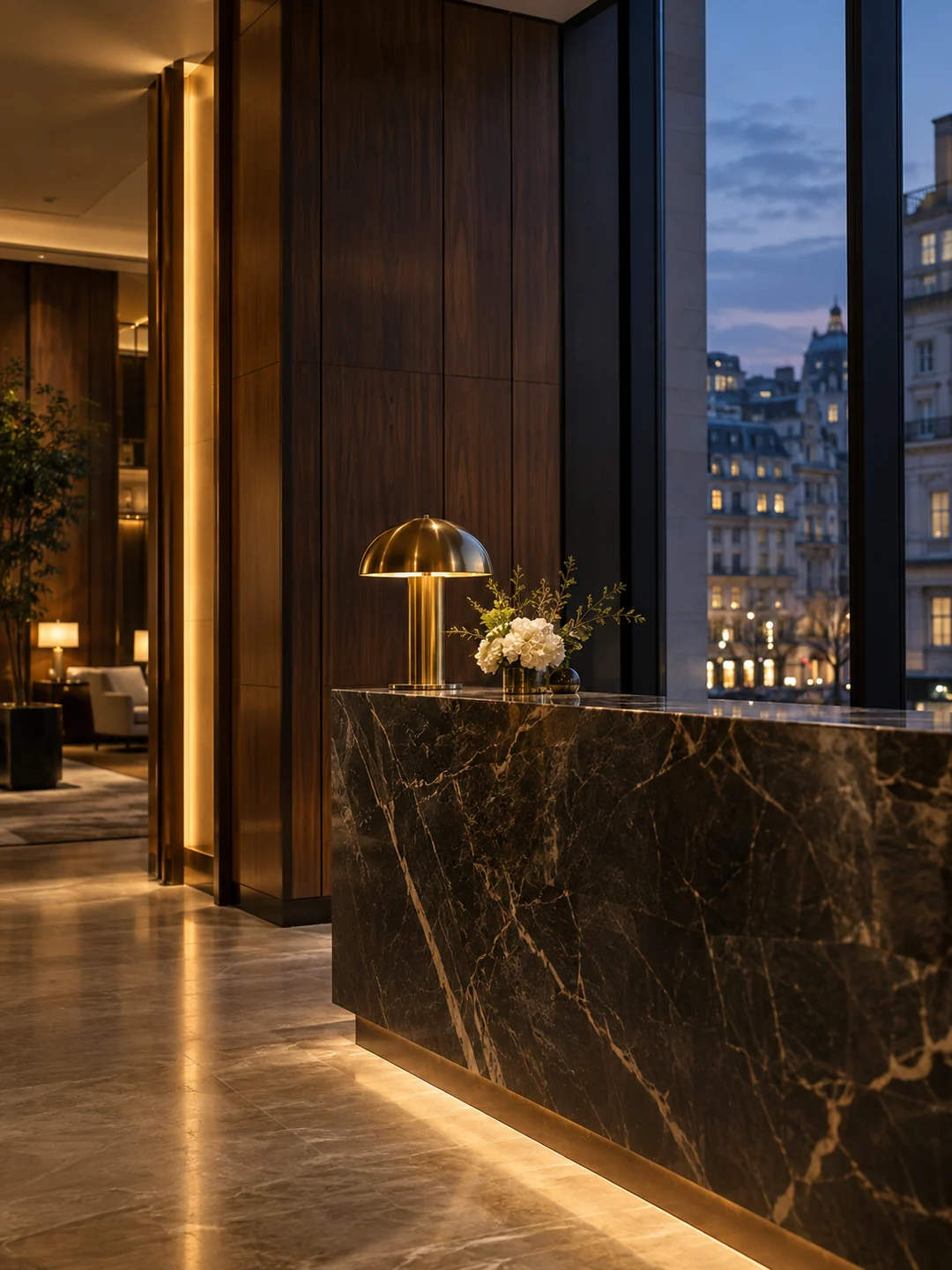 Bespoke illustrative London hotel reception at blue hour