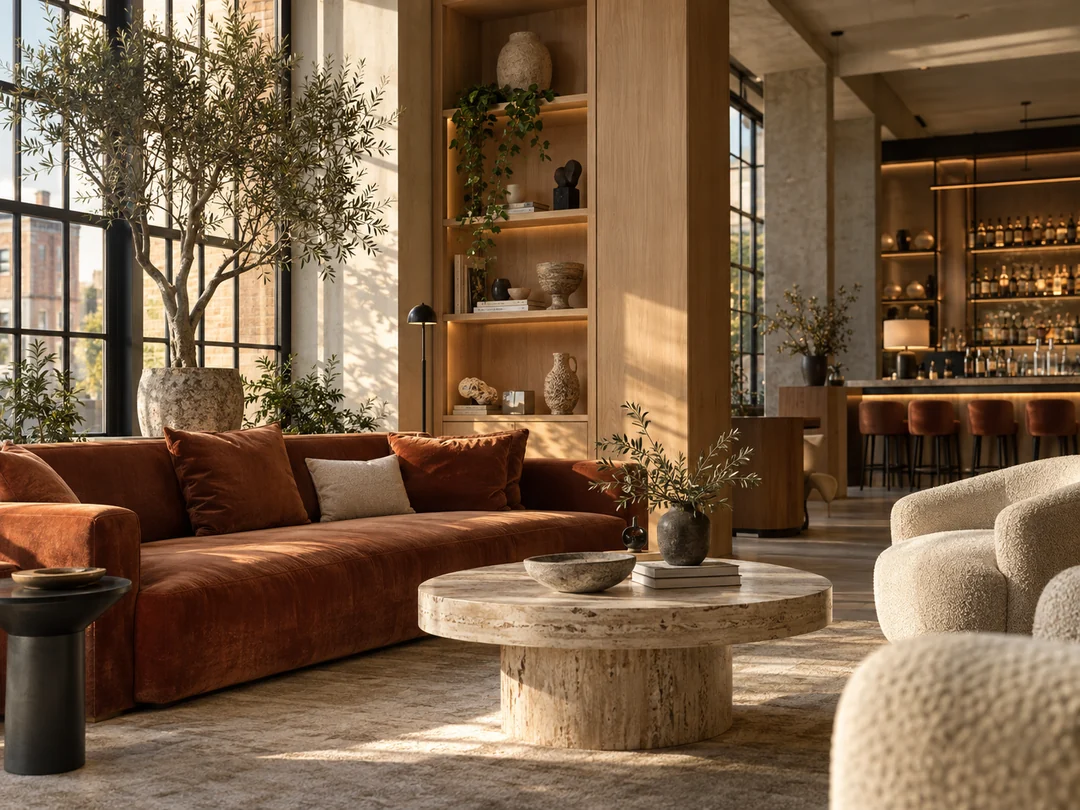 Illustrative contemporary London lounge with oak and rust velvet; not a photograph of The Hoxton